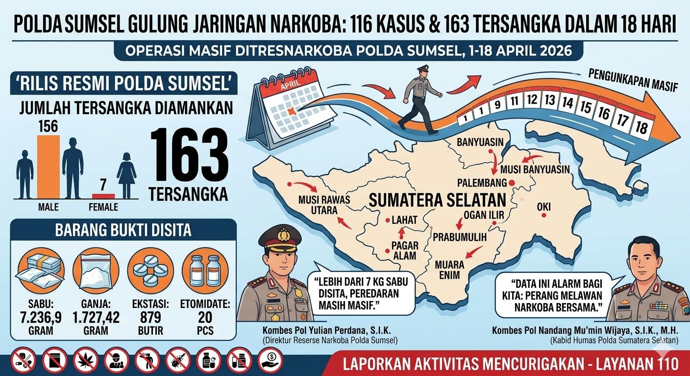 Sepanjang April 2026 Polda Sumsel Ungkap 116 Kasus Narkoba dan Tangkap 163 Tersangka