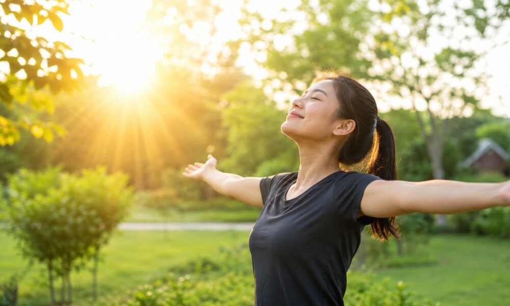 Jangan Sepelekan! Berjemur di Sinar Matahari Pagi Ternyata Punya Manfaat Luar Biasa untuk Kesehatan Seorang wanita sedang berjemur di bawah sinar matahari pagi di area taman hijau dengan kedua tangan terbuka, menggambarkan manfaat paparan sinar matahari pagi untuk kesehatan tubuh dan produksi vitamin D alami. (Foto: Ilustrasi/AI)