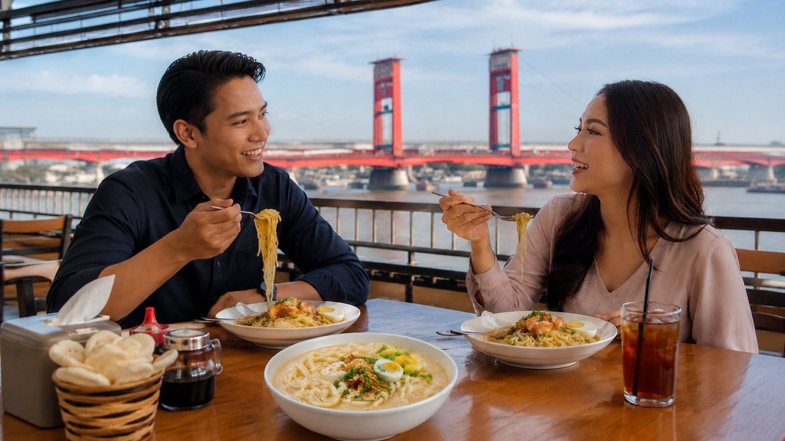 Sepasang kekasih sedang menikmati Mie Celor Palembang dengan kuah udang gurih yang kental, disajikan bersama udang segar, telur rebus, tauge, dan taburan bawang goreng, menjadi salah satu kuliner legendaris khas Sumatera Selatan yang menggugah selera. (Foto: Adit/Sriwijayaterkini.co)
