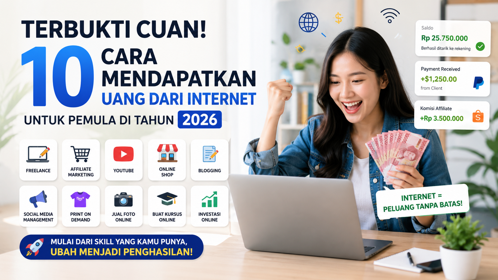 Terbukti Cuan! 10 Cara Mendapatkan Uang dari Internet untuk Pemula di Tahun 2026. (Foto: ilustrasi/ai)