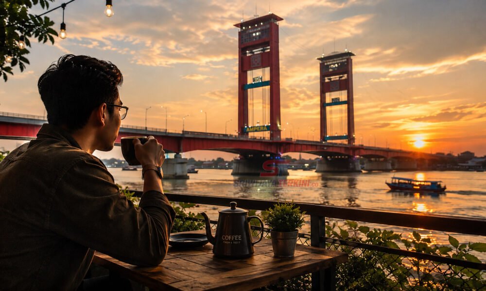 5 Manfaat Ngopi di Sore Hari yang Jarang Diketahui, Nomor 3 Bikin Semangat Kembali! Seorang pria ngopi di sore hari dengan view jembatan Ampera. (Foto: istimewa)