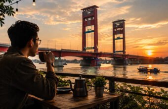 Seorang pria ngopi di sore hari dengan view jembatan Ampera. (Foto: istimewa)