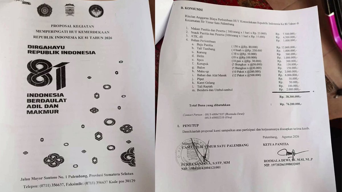 Kecamatan IT I Palembang Jadi Sorotan Publik, Proposal HUT RI Anggaran Tembus Rp76,2 Juta, Dokumen Resmi Ditandatangani Camat