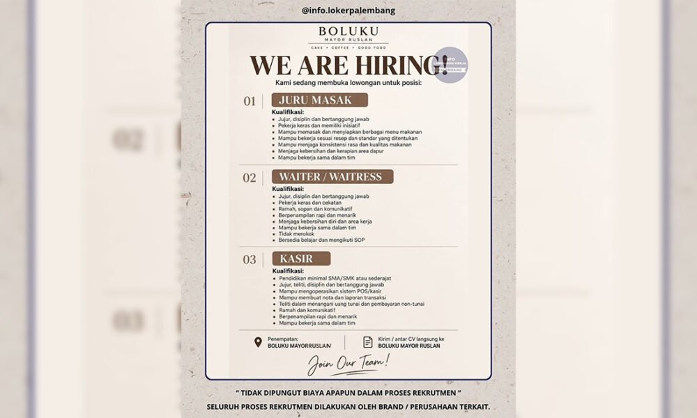 Cari Kerja? Boluku Mayor Ruslan Palembang Buka Loker, Ini Syarat dan Posisi yang Dibutuhkan